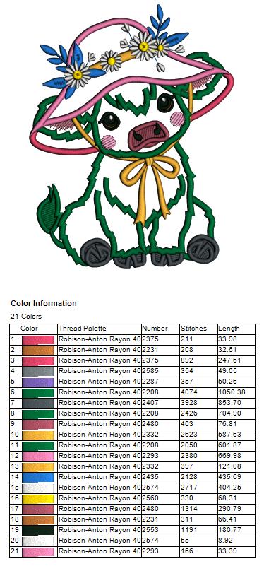 Baby Cow Girl Wearing a Big Hat Applique Machine Embroidery Design Digitized Pattern