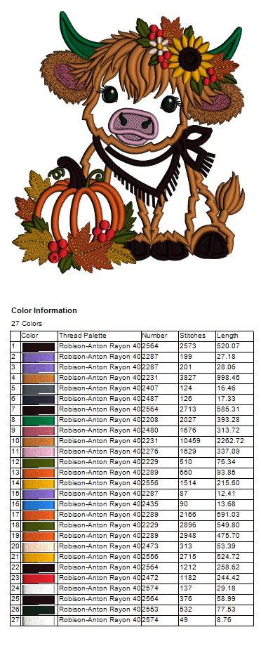 Fall Highland Cow Machine Embroidery Design With Pumpkin and Sunflower - Applique Pattern