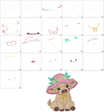 Baby Cow Girl Wearing a Big Hat Applique Machine Embroidery Design Digitized Pattern