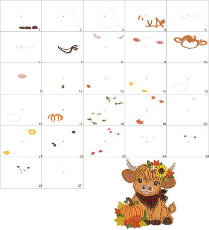 Fall Highland Cow Machine Embroidery Design With Pumpkin and Sunflower - Applique Pattern