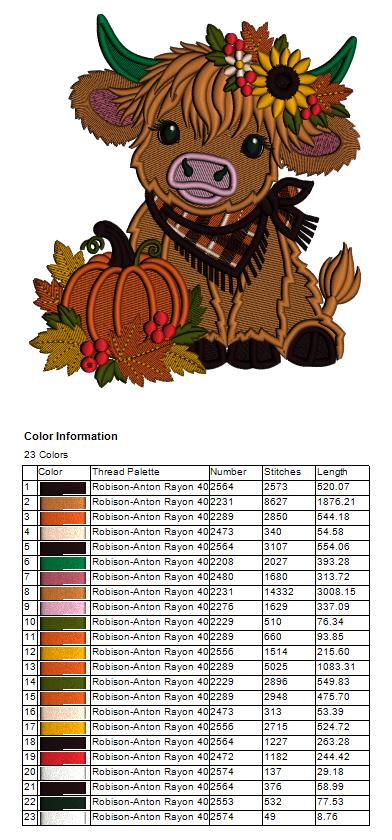 Fall Highland Cow Machine Embroidery Design With Pumpkin and Sunflower - Filled Pattern