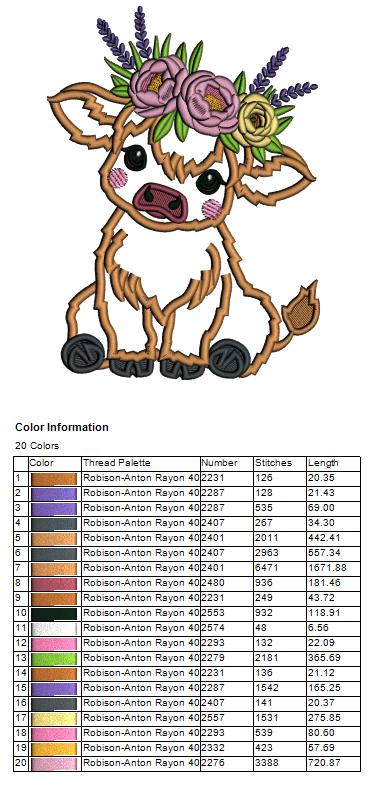 Baby Cow with Flowers Applique Machine Embroidery Design Digitized Pattern