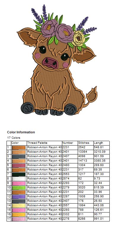 Baby Cow with Flowers Filled Machine Embroidery Design Digitized Pattern