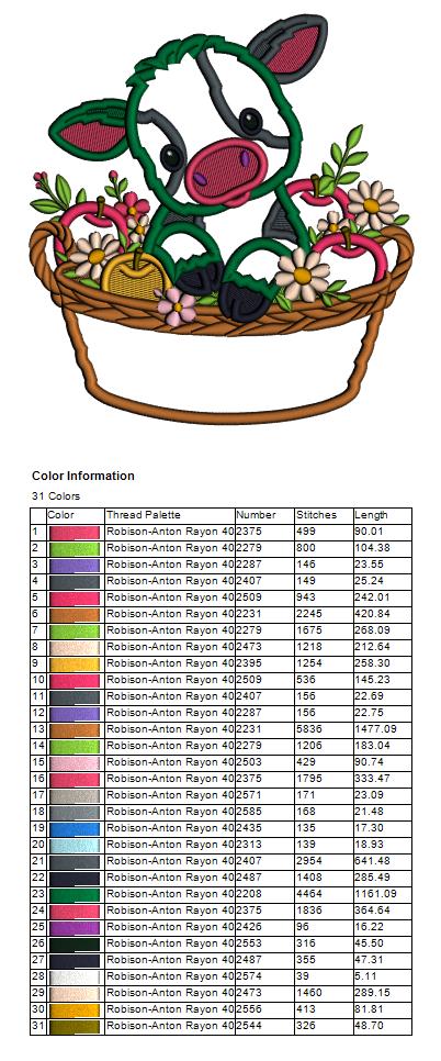Little Baby Cow Sitting In the Basket Full of Apples Appliqué Machine Embroidery Design Digitized Pattern