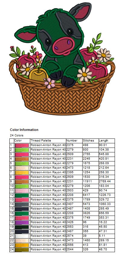 Little Baby Cow Sitting In the Basket Full of Apples Filled Machine Embroidery Design Digitized Pattern