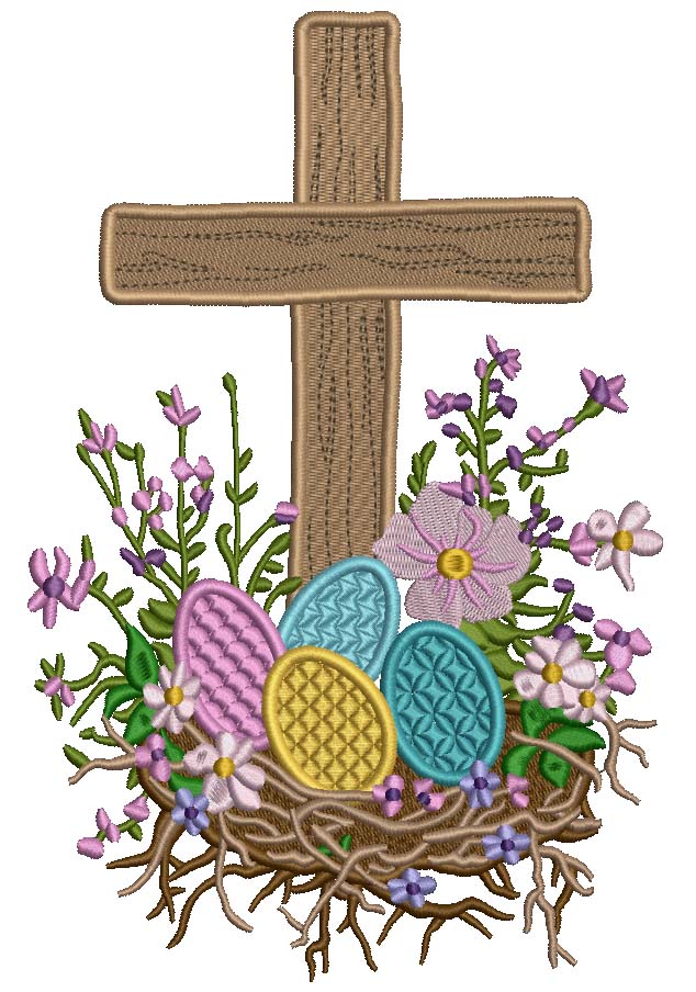 Cross And Easter Eggs In Bird's Nest Filled Machine Embroidery Design Digitized Pattern