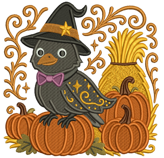 Crow Sitting on a Pumpkin Wearing a Witch’s Hat Filled Machine Embroidery Design, Digitized Pattern