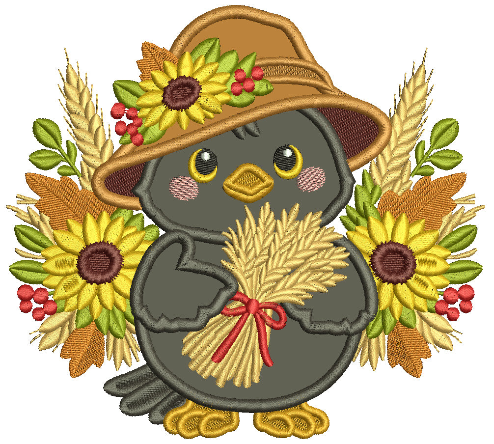 Crow With Sunflowers and Large Hat Applique Machine Embroidery Design Digitized Pattern