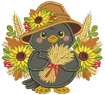 Crow With Sunflowers and Large Hat Applique Machine Embroidery Design Digitized Pattern