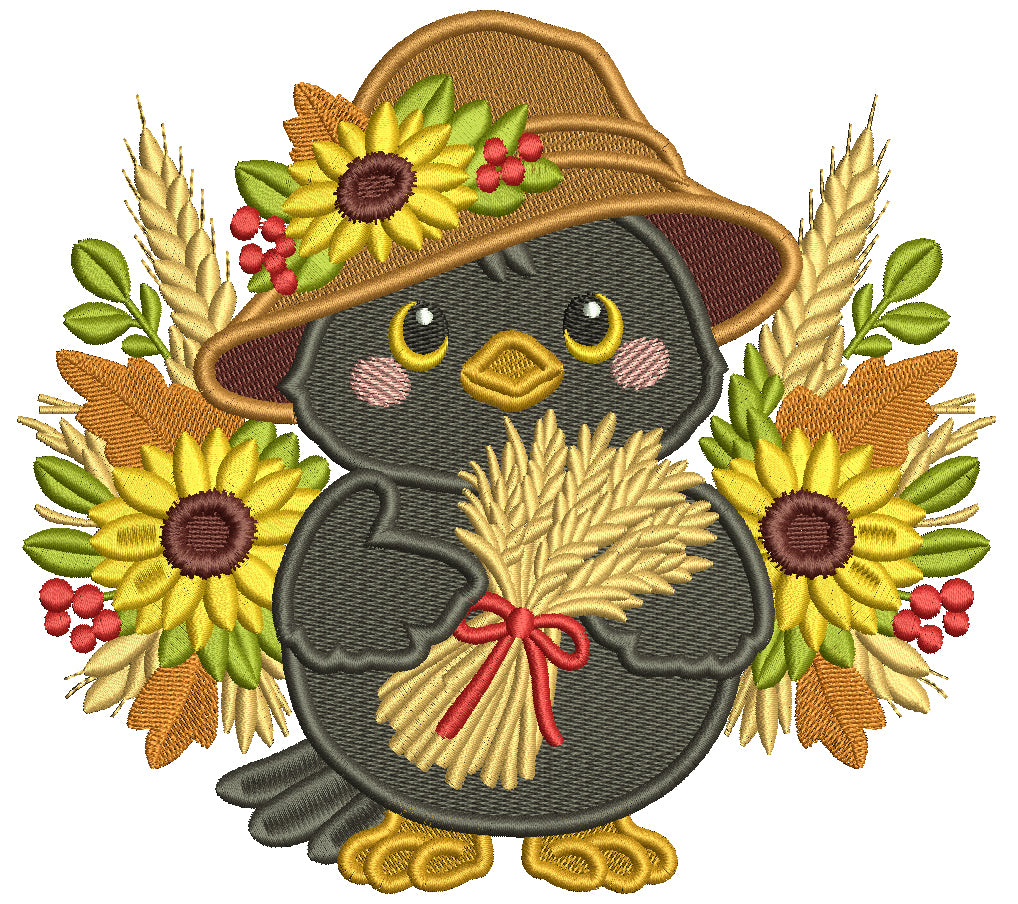 Crow With Sunflowers and Large Hat Filled Machine Embroidery Design Digitized Pattern