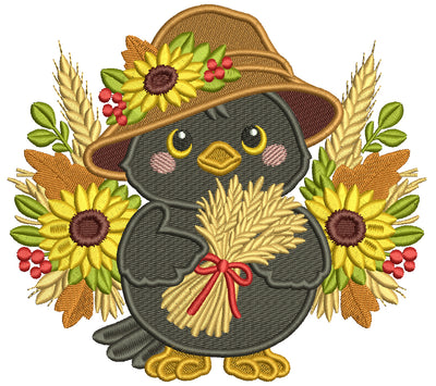 Crow With Sunflowers and Large Hat Filled Machine Embroidery Design Digitized Pattern