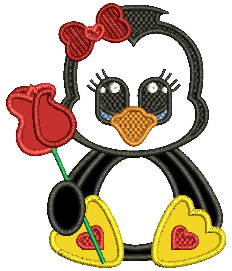 Cute Baby Girl Penguin Holding a Rose Valentine's Day Love Applique Machine Embroidery Design Digitized Pattern