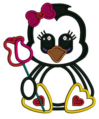 Cute Baby Girl Penguin Holding a Rose Valentine's Day Love Applique Machine Embroidery Design Digitized Pattern