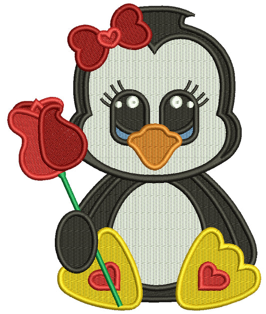 Cute Baby Girl Penguin Holding a Rose Valentine's Day Love Filled Machine Embroidery Design Digitized Pattern