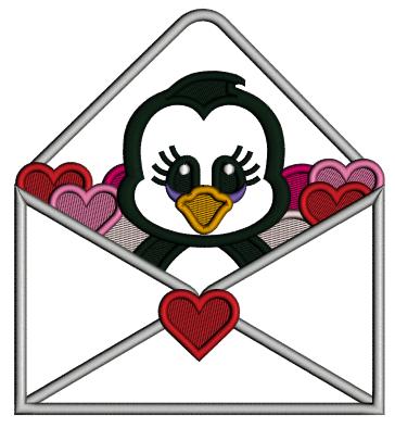 Cute Baby Penguin Inside An Envelope Filled With Hearts Valentine's Day Love Applique Machine Embroidery Design Digitized Pattern