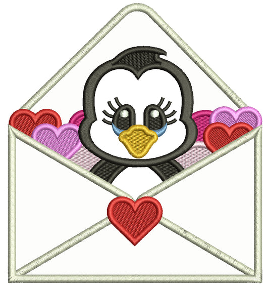 Cute Baby Penguin Inside An Envelope Filled With Hearts Valentine's Day Love Applique Machine Embroidery Design Digitized Pattern