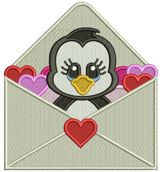 Cute Baby Penguin Inside An Envelope Filled With Hearts Valentine's Day Love Filled Machine Embroidery Design Digitized Pattern