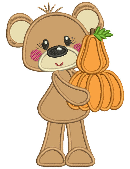 Cute Bear Holding Two Pumpkins Fall Applique Machine Embroidery Design Digitized Pattern