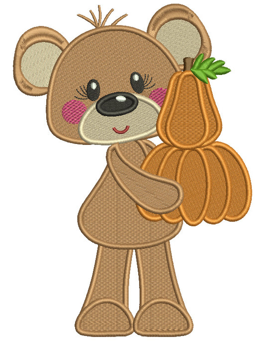 Cute Bear Holding Two Pumpkins Fall Filled Machine Embroidery Design Digitized Pattern