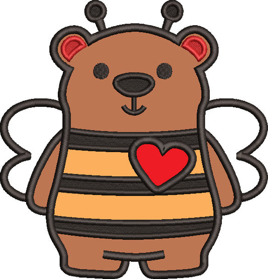 Cute Bear Wearing Bee Costume Valentine's Day Love Applique Machine Embroidery Design Digitized Pattern