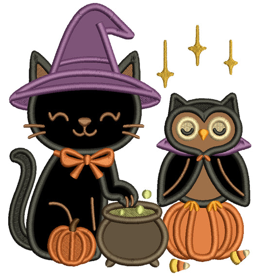 Cute Cat and Owl Sitting By The Cauldrin Halloween Applique Machine Embroidery Design Digitized Pattern