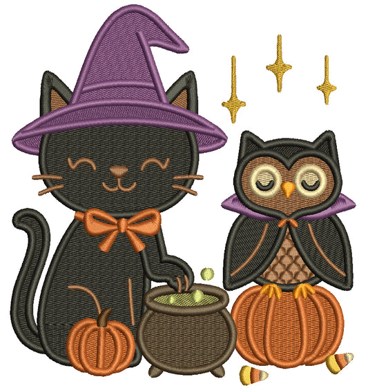Cute Cat and Owl Sitting By The Cauldrin Halloween Filled Machine Embroidery Design Digitized Pattern