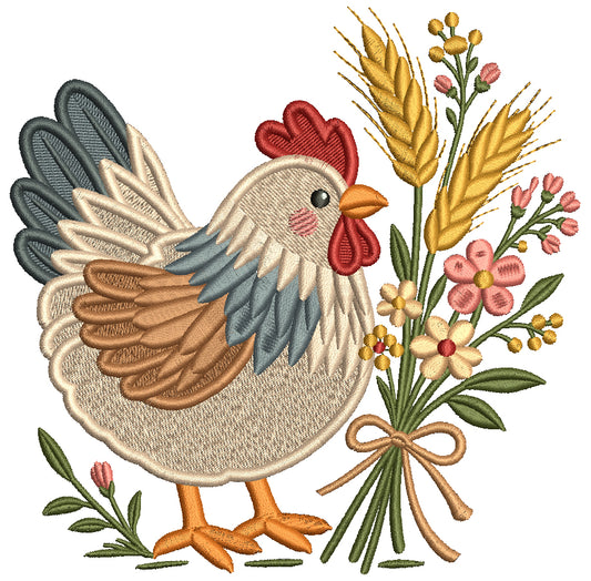 🐔🌸🌾 Cute Chicken With Flowers and Wheat – Filled Machine Embroidery Design 🌾🌸🐔