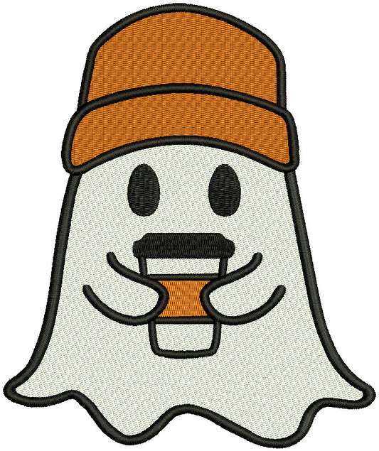 Cute Ghost Holding a Cup Of Coffee Filled Machine Embroidery Design Digitized Pattern