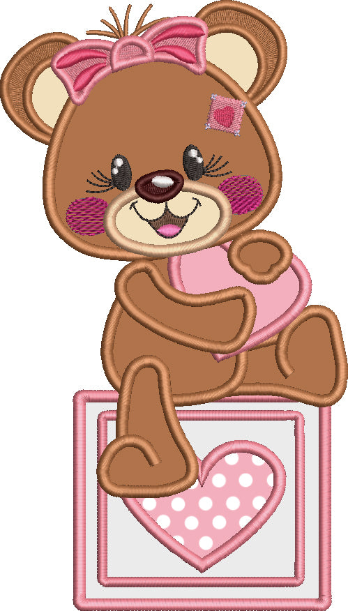 Cute Girl Bear Holding Big Heart Valentine's Day Love Applique Machine Embroidery Design Digitized Pattern