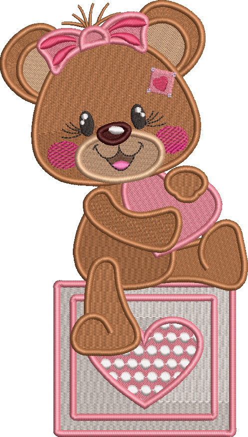 Cute Girl Bear Holding Big Heart Valentine's Day Love Filled Machine Embroidery Design Digitized Pattern