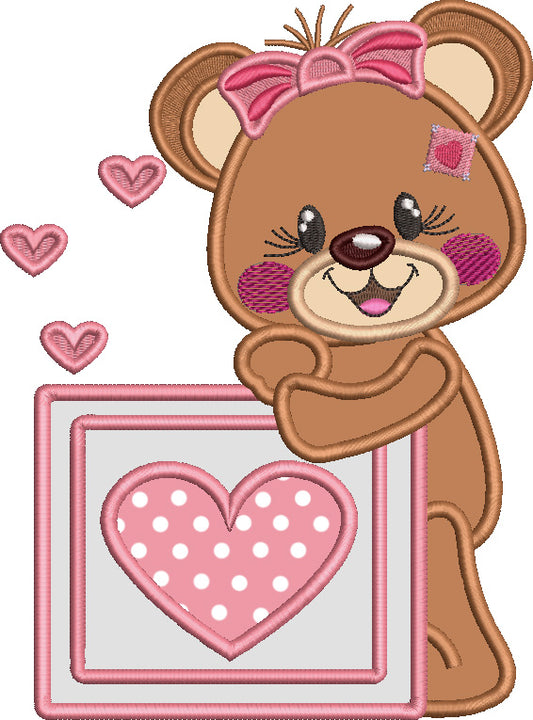Cute Girl Bear Holding Big Picture Frame With Heart Valentine's Day Love Applique Machine Embroidery Design Digitized Pattern