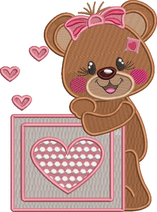 Cute Girl Bear Holding Big Picture Frame With Heart Valentine's Day Love Filled Machine Embroidery Design Digitized Pattern