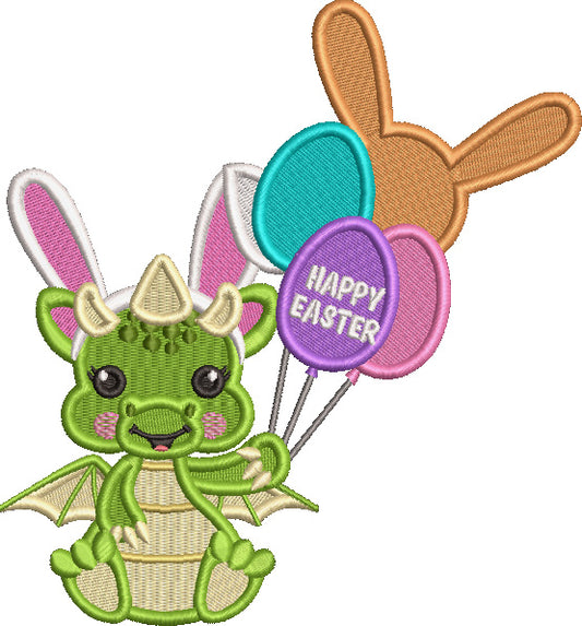 Cute Little Baby Dragon Holding Easter Balloons Filled Machine Embroidery Design Digitized Pattern