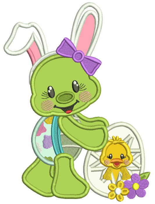 Cute Little Baby Turtle Wearing Bunny Ears Easter Applique Machine Embroidery Design Digitized Pattern