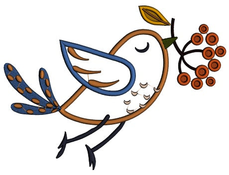 Cute Little Bird WIth Winter Berry Christmas Applique Machine Embroidery Design Digitized Pattern