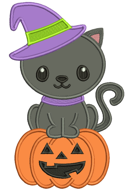 Cute Little Black Kitten Wearing Witch Hat Sitting On a Pumpkin Halloween Applique Machine Embroidery Design Digitized Pattern