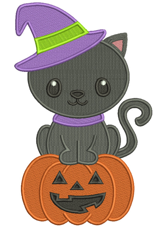 Cute Little Black Kitten Wearing Witch Hat Sitting On a Pumpkin Halloween Filled Machine Embroidery Design Digitized Pattern