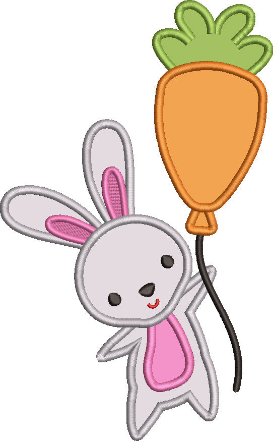Cute Little Bunny Holding Carrot Shaped Balloon Easter Applique Machine Embroidery Design Digitized Pattern