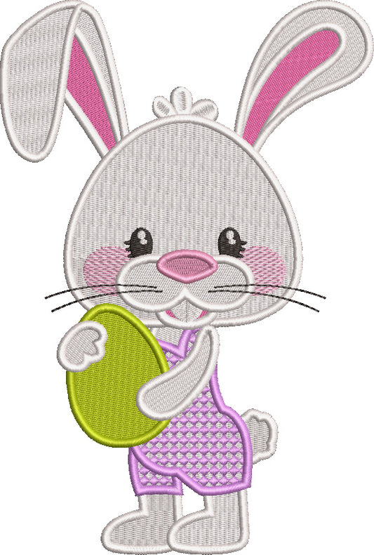 Cute Little Bunny Holding Easter Egg Filled Machine Embroidery Design Digitized Pattern