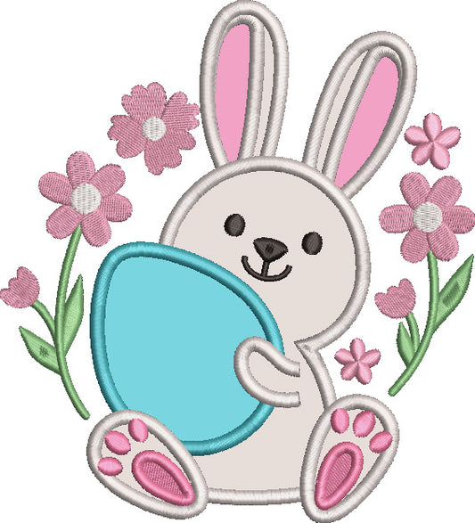 Cute Little Bunny With Flowers Holding Easter Egg Applique Machine Embroidery Design Digitized Pattern