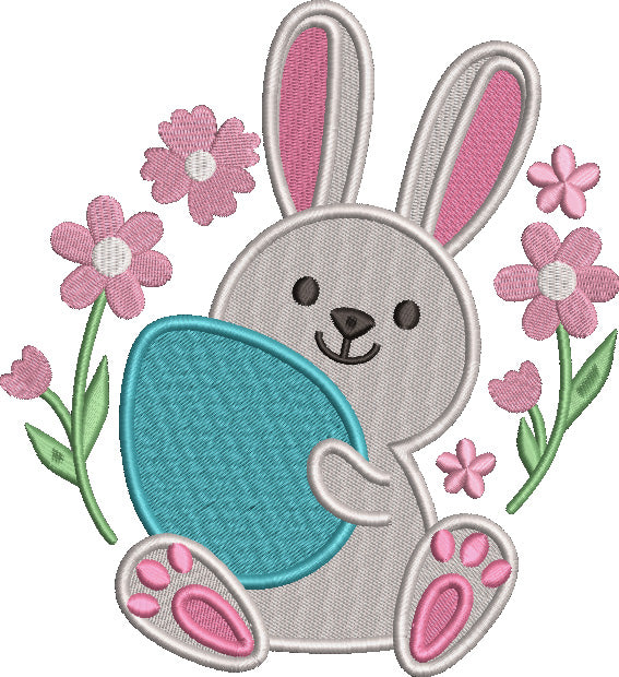 Cute Little Bunny With Flowers Holding Easter Egg Filled Machine Embro ...