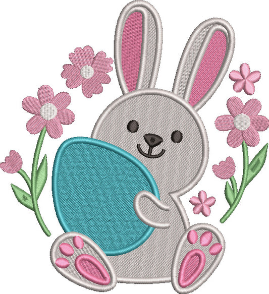 Cute Little Bunny With Flowers Holding Easter Egg Filled Machine Embroidery Design Digitized Pattern