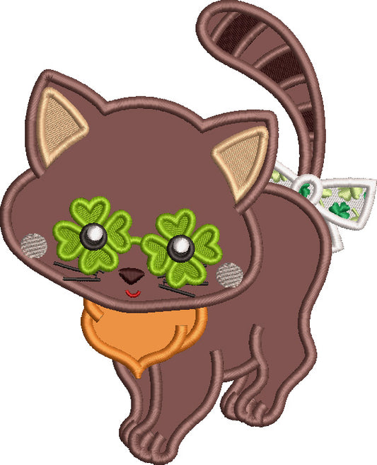 Cute Little Cat With Shamrock Eyes St. Patrick's Day Applique Machine Embroidery Design Digitized Pattern