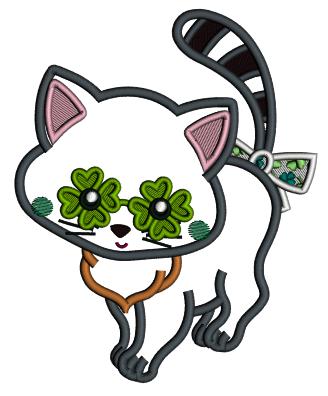 Cute Little Cat With Shamrock Eyes St. Patrick's Day Applique Machine Embroidery Design Digitized Pattern