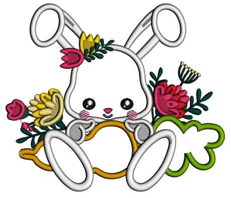 Cute Little Easter Bunny With Flowers Applique Machine Embroidery Design Digitized Pattern