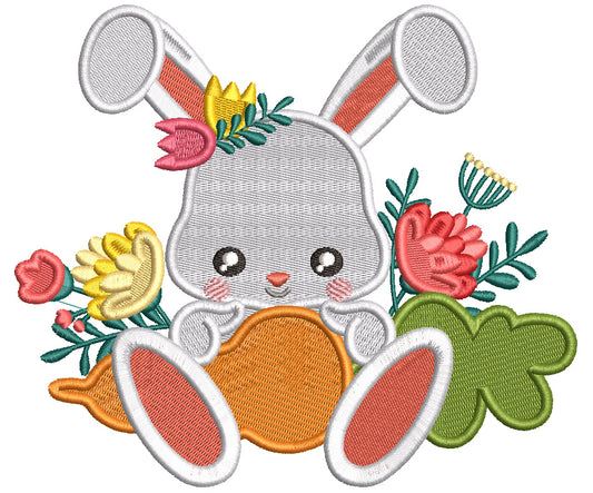 Cute Little Easter Bunny With Flowers Filled Machine Embroidery Design Digitized Pattern