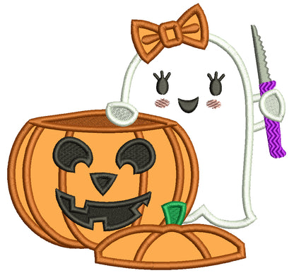 Cute Little Ghost Carving Pumpkin Halloween Applique Machine Embroidery Design Digitized Pattern