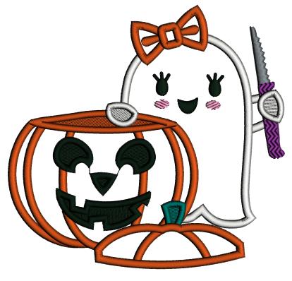 Cute Little Ghost Carving Pumpkin Halloween Applique Machine Embroidery Design Digitized Pattern