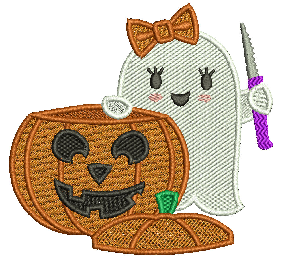 Cute Little Ghost Carving Pumpkin Halloween Filled Machine Embroidery Design Digitized Pattern