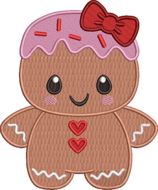 Cute Little Ginger Bread Girl With a Big Hair Bow Christmas Filled Machine Embroidery Design Digitized Pattern